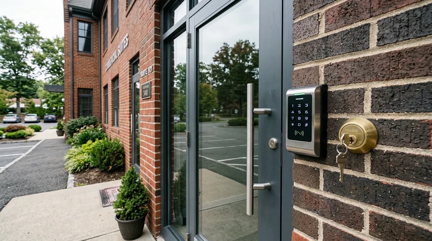 Commercial entrance with keypad and traditional lock, Nassau County