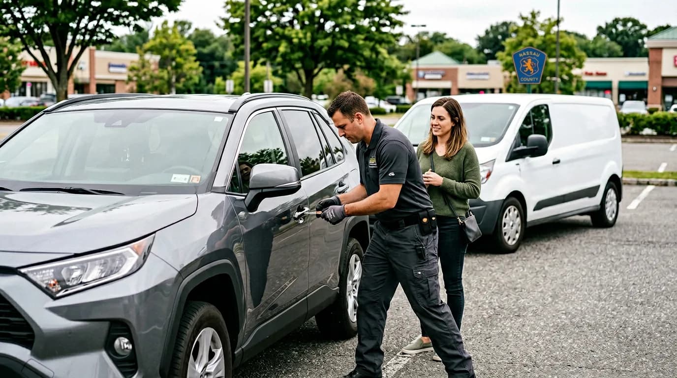 Automotive locksmith unlocking car door for customer in Nassau County parking lot
