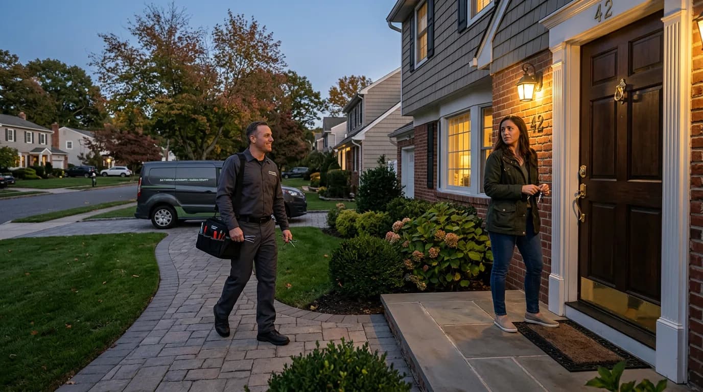 Professional locksmith assisting homeowner with house lockout at dusk, Nassau County